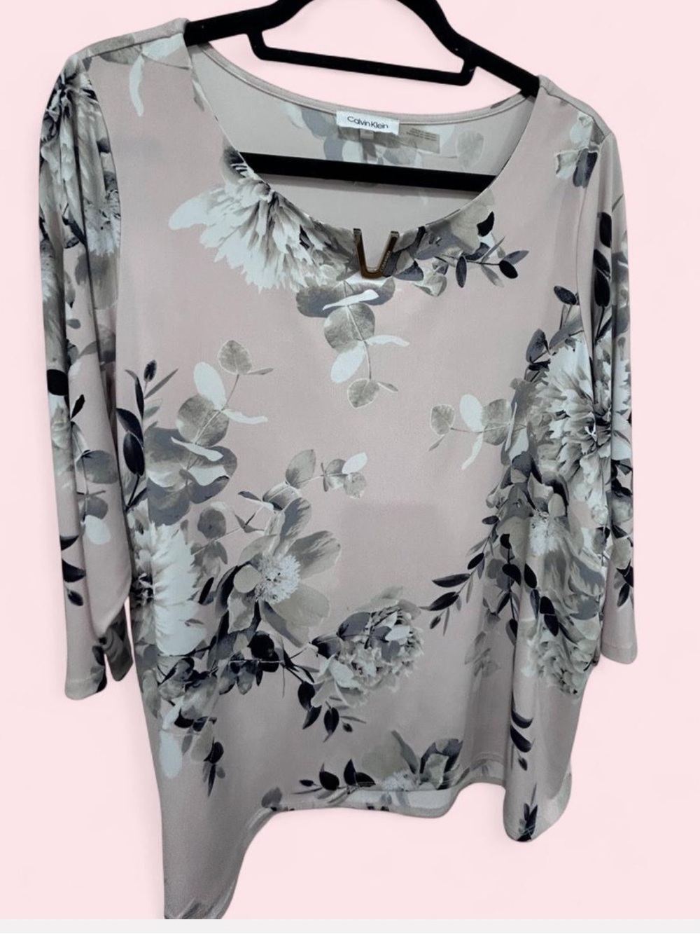 Calvin Klein 1X Blush Pink Floral 3/4 Sleeve Asymmetrical Hem Blouse